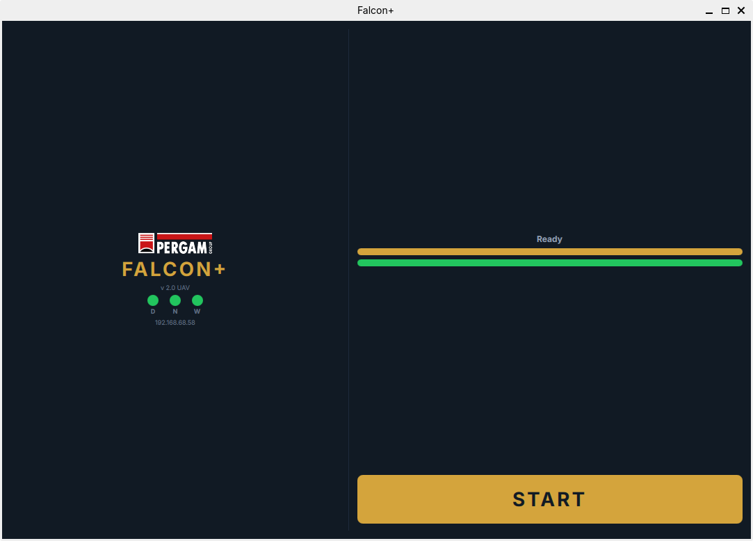 FALCON+ calibration screen — Ready state with START button