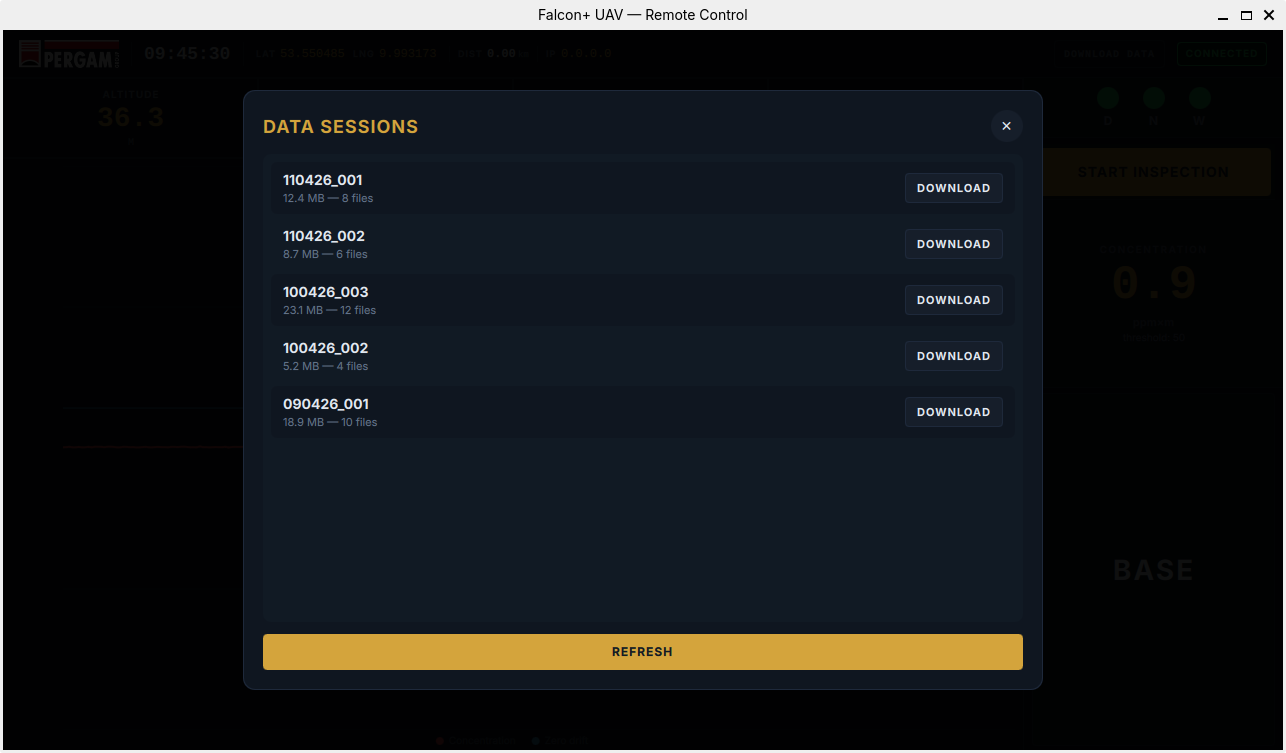 Falcon+ UAV Remote — Data Sessions dialog